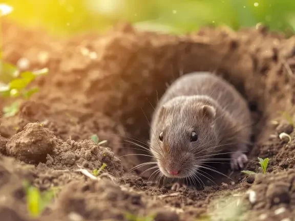 Ratte vor einem Erdloch in einem Garten